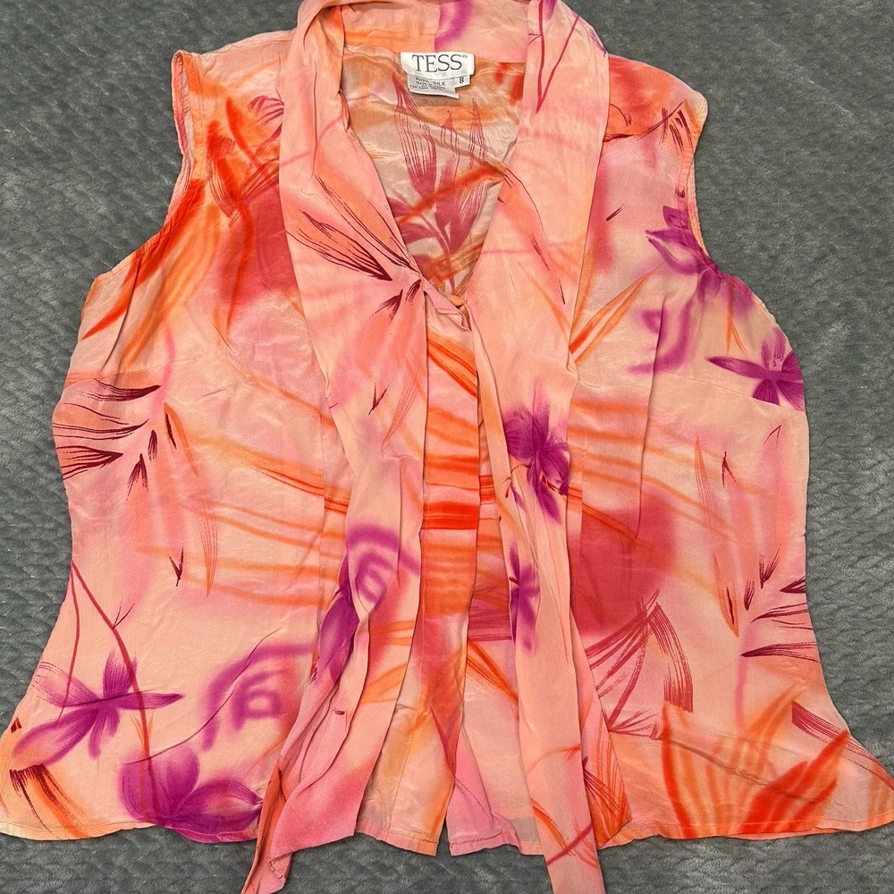 Tess Vintage 100%‎ Silk Blouse Shirt Women's 8 Collar Floral Hawaiian Palm Vaca